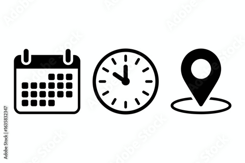 Calendar, Clock, and Location Icons – Date, Time, Place Symbols

