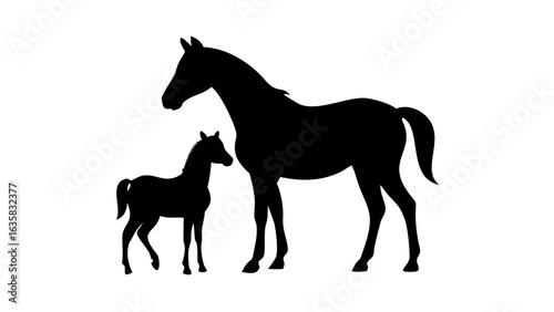 Silhouette of a mare and foal standing next to each other on a white background in a simple illustration