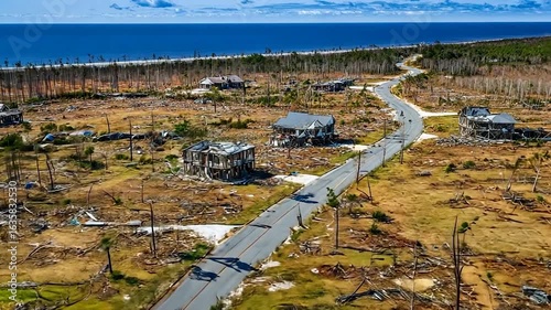 Aerial view of damaged coastal homes after a storm