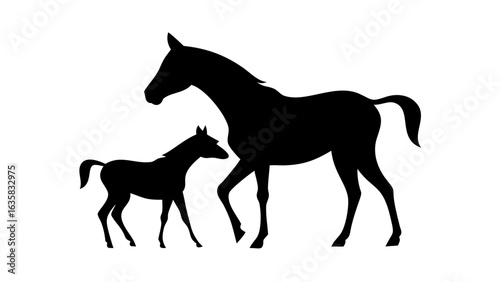 Silhouette of a mare and foal walking side by side in a simple black and white illustration style image