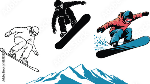 Dynamic snowboarders catch air over majestic mountains