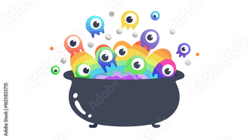 Rainbow monsters brewing in a cauldron