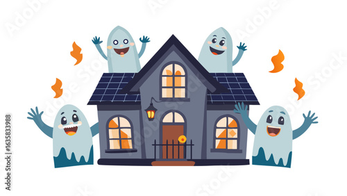 Friendly ghosts haunt a spooky house on halloween night