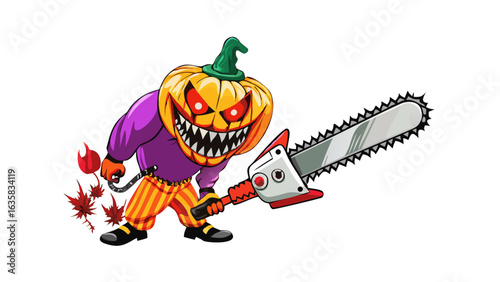 Scary jack o lantern character with chainsaw halloween illustration