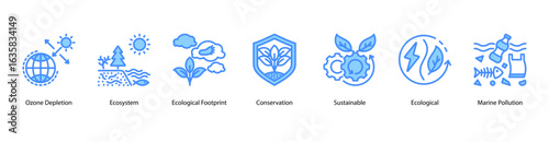 Eco Sustainability web banner icon vector illustration featuring Ozone Depletion, Ecosystem, Ecological Footprint, Conservation, Sustainable, Ecological, and Marine Pollution.