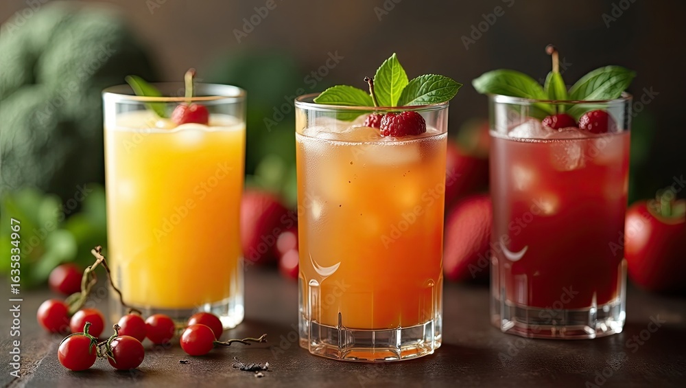 Fototapeta premium Refreshing fruit drinks in clear glasses.