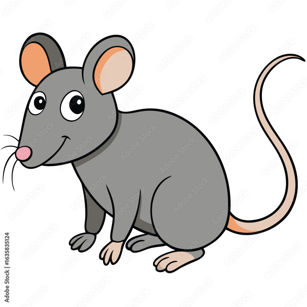 Fototapeta premium Vector art of cute cartoon grey mouse with big ears and a long tail, isolated on white background