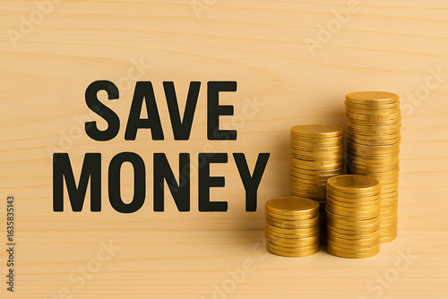 Wallpaper Mural Save Money Concept with Gold Coin Stacks on Wooden Background Torontodigital.ca