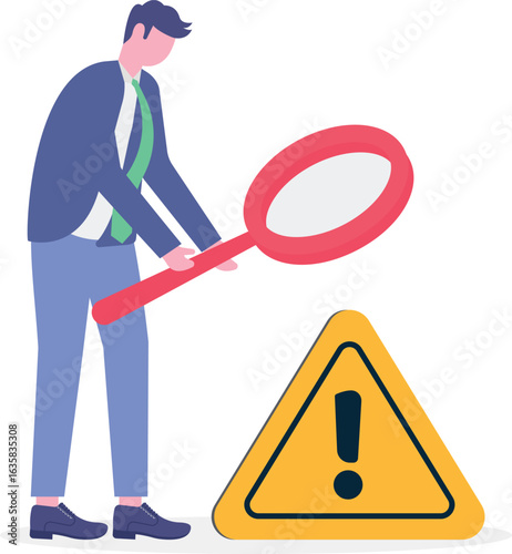 Flat illustration of businessman with magnifier investigates incidents with exclamation attention sign identifying risks and root causes of failures

