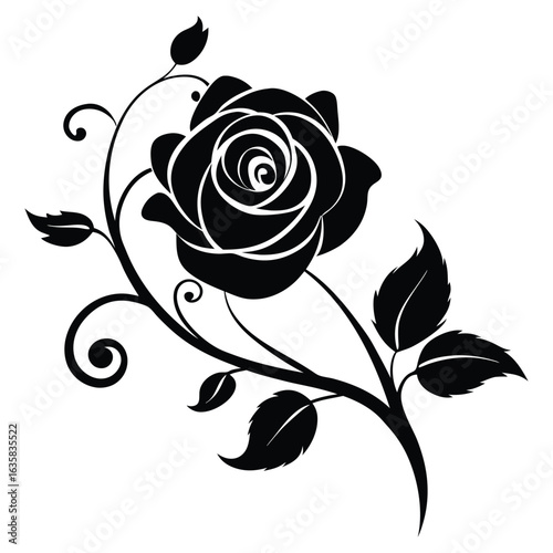 Vector art of black rose silhouette with swirling vines and leaves isolated on white background