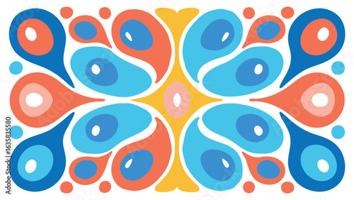 Abstract symmetrical pattern with teardrop shapes in blue orange and yellow colors on white background