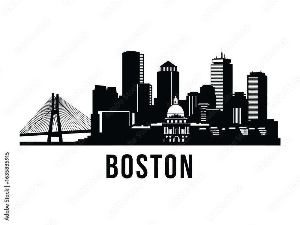 Naklejka premium Boston Skyline Silhouette: An elegant monochrome skyline of the iconic cityscape of Boston, capturing the essence of its urban architecture. This image highlights the city's architectural marvels.