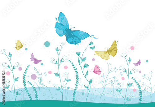 Bunte Schmetterlinge über Blumenwiese – Frühlingshafte Vektorillustration