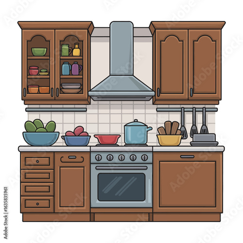 Cozy kitchen scene with wooden cabinets and appliances