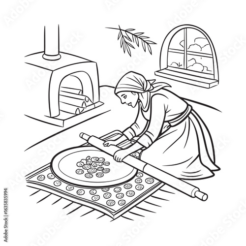 Line Art Illustration of a Woman Baking Cookies in an Indoor Kitchen Near a Traditional Oven and Window View