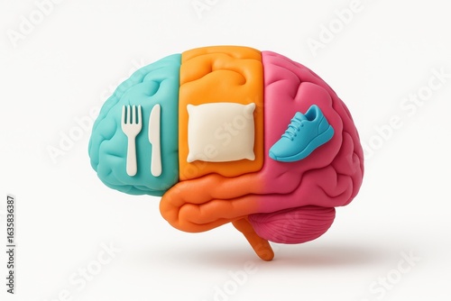 Colorful brain sculpture representing basic human needs and daily activities