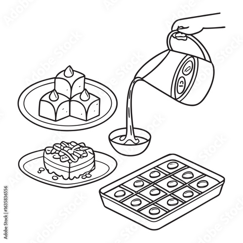 Delectable Baklava Dessert Illustration Featuring a Hand Pouring Syrup on Various Delicious Plates and Portions
