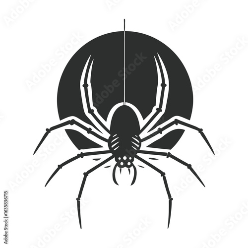 Vector art of black and white illustration of a spider hanging from a thread against a dark circular background, isolated on white background