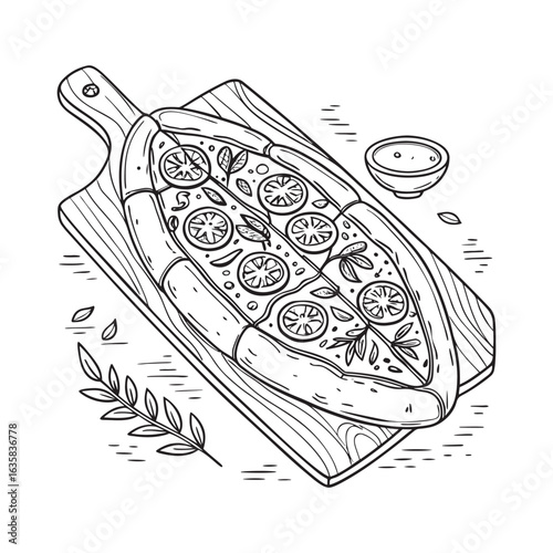 Hand Drawn Illustration of Turkish Pizza with Tomatoes on Wooden Board Next to Bowl and Plant Branch