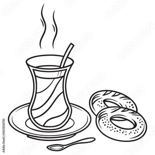 Elegant Tea Time Still Life with Turkish Tea and Sesame Bagels in a Minimalist Black and White Illustration