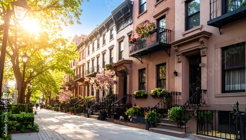 Picturesque city street lined with charming homes