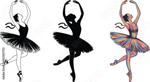 Elegant ballerina in graceful pose, black silhouette, vibrant art