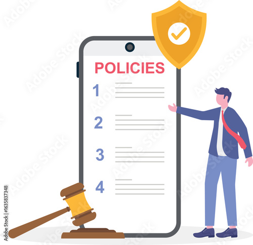 Flat illustration of man developing cybersecurity policies with security shield and gavel

