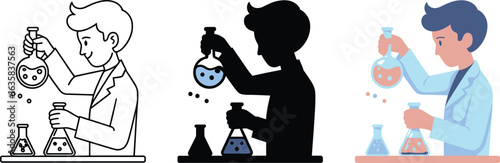 Scientist happily conducts experiment with colorful liquids in flasks