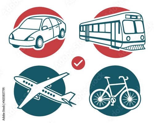 Vector art of diverse modes of transportation including car, train, airplane, and bicycle, symbolizing urban mobility and travel options