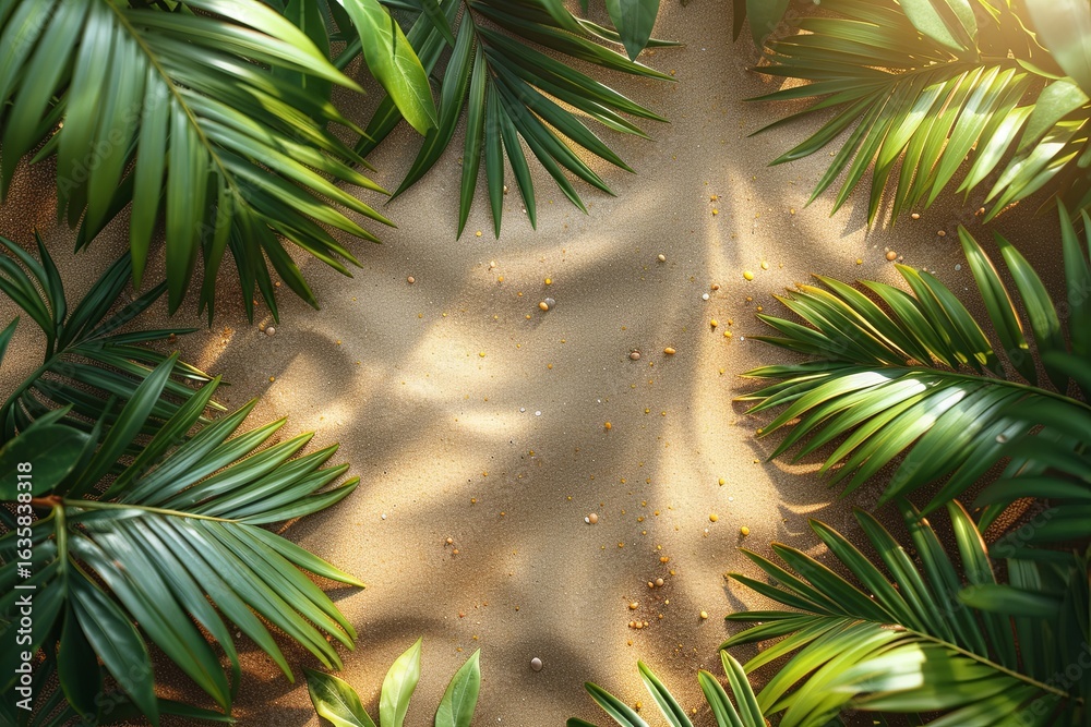 Obraz premium Golden Sand Beach With Tropical Leaves