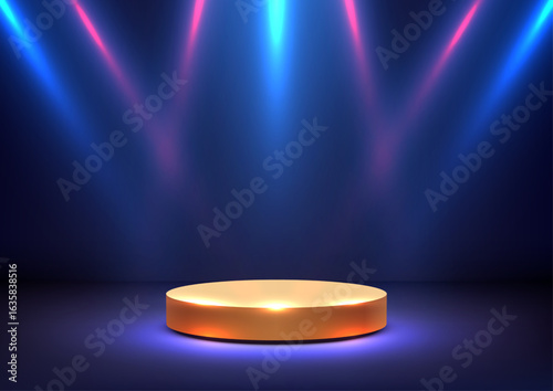 spotlight product display with glowing gold pedestal on dark stage with blue and pink lights mockup template for luxury showcase showroom branding advertising concept