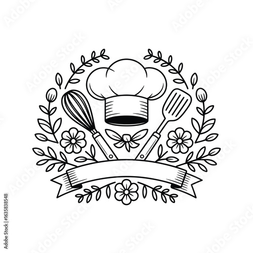 Chef hat emblem with whisk spatula and floral accents