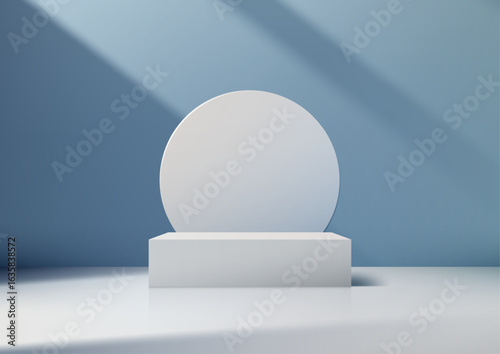 modern white podium on glossy floor with soft blue wall and large circle for product display, minimalist showroom style with sunlight shadow, perfect for mockup or presentation scenes