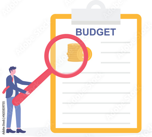 Flat illustration of businessman revealing hidden coins under budget sheet with magnifier light to uncover financial insights and spending analysis
