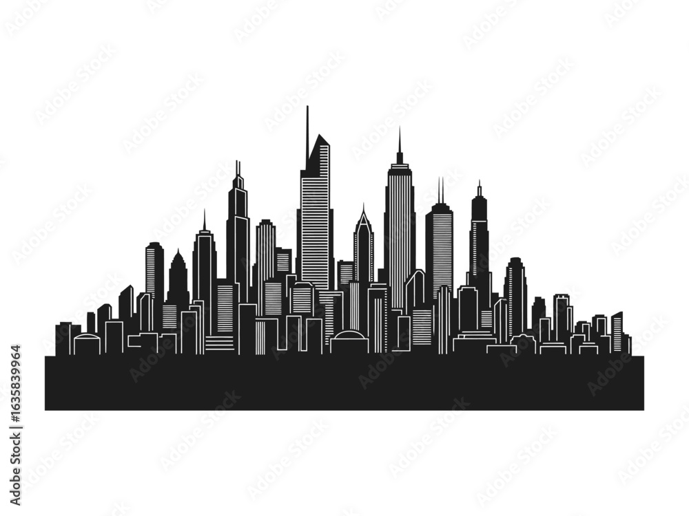 Naklejka premium City Skyline: A stunning graphic representation of a dynamic cityscape, presenting a silhouette of architectural marvels that evokes a sense of ambition and urban vitality.