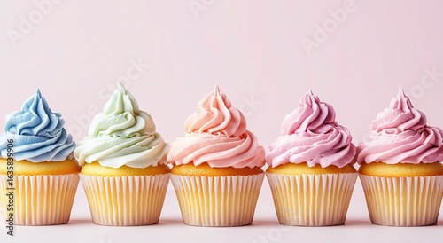 Row of Pastel Cupcakes with Swirling Frosting on Light Background for Charming Dessert Display