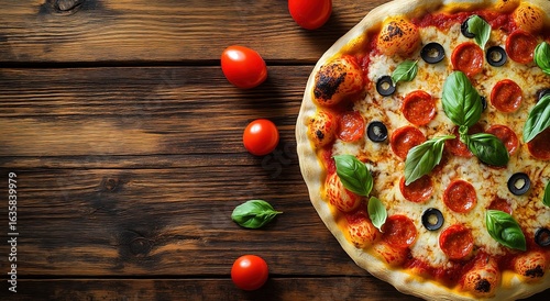 Pizza on Wooden Table Banner with Copy Space, Top View for Advertising or Menu Design