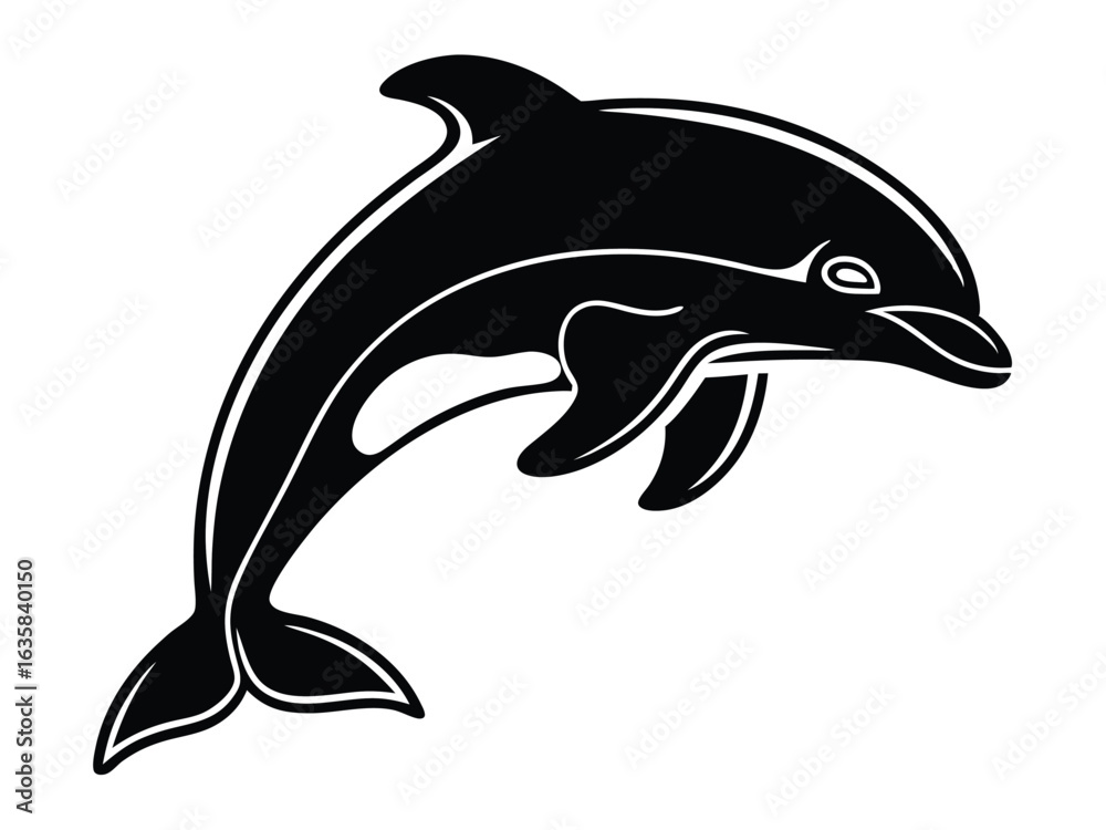 Fototapeta premium Vector art of black and white silhouette of a dolphin jumping, isolated on white background