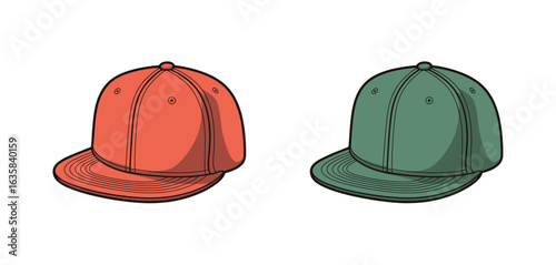 Two flat brim baseball caps one orange one green
