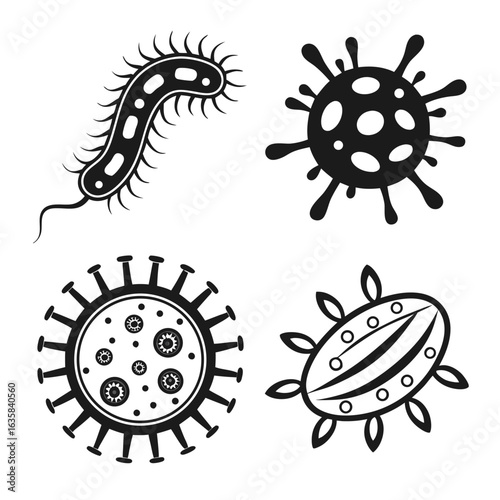 Vector art of collection of stylized black and white icons representing different types of viruses and bacteria, isolated on a white background