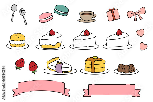 手書き風のかわいいスイーツとケーキとリボンの素材セット