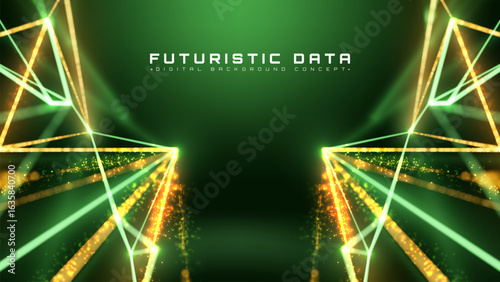 Futuristic modern scene with gold polygon glowing elements on green background. Digital network technology and data flow design. Vector illustration.