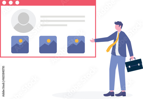 Flat business social media marketing strategy with developer team concept.

