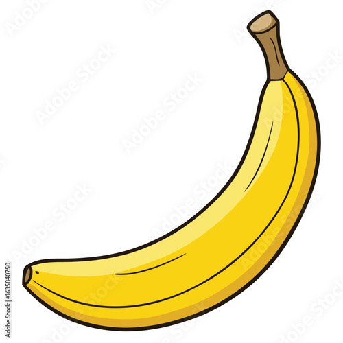 Vector art of a single ripe yellow banana isolated on white background, a healthy and sweet tropical fruit perfect for snacking or as an ingredient