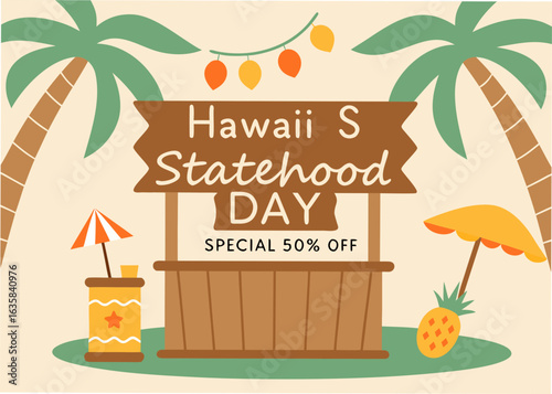 celebrate hawaii statehood day with this fun, tropical market illustration. perfect for special sales and promotions, it captures a festive, summery vibe.