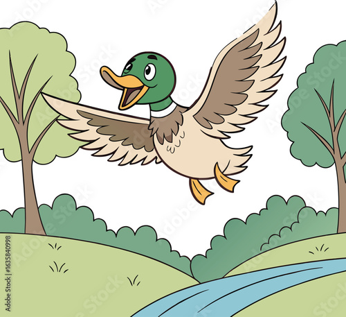 Vector art of a cartoon mallard duck flying joyfully over a scenic landscape with trees and a river