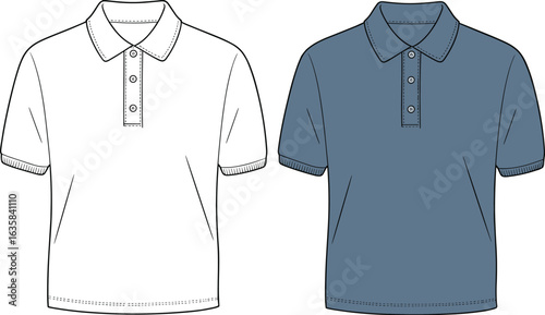  Polo shirt fashion sketch, men’s casual wear design, short sleeve flat sketch, front view, collar detail, rib cuff design