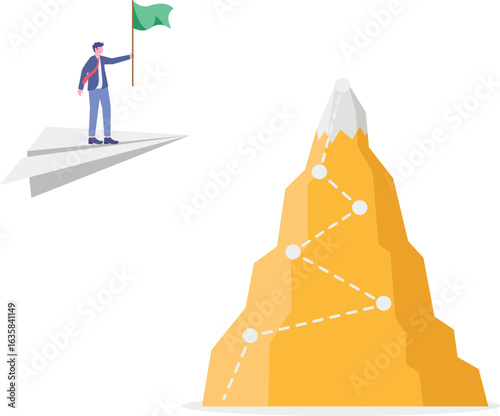 Flat illustration of businessman climbing mountain with determination and holding flag achievement perseverance reaching ambitious goals and success mission

