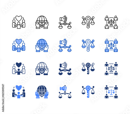 Social Justice icon sheet multiple style. Solidarity, Tolerance, Rights, Opportunity, Diversity
