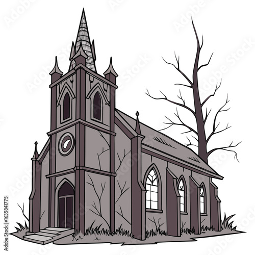 Vector art of an old gothic church with a tall steeple and arched windows, surrounded by bare trees and grass